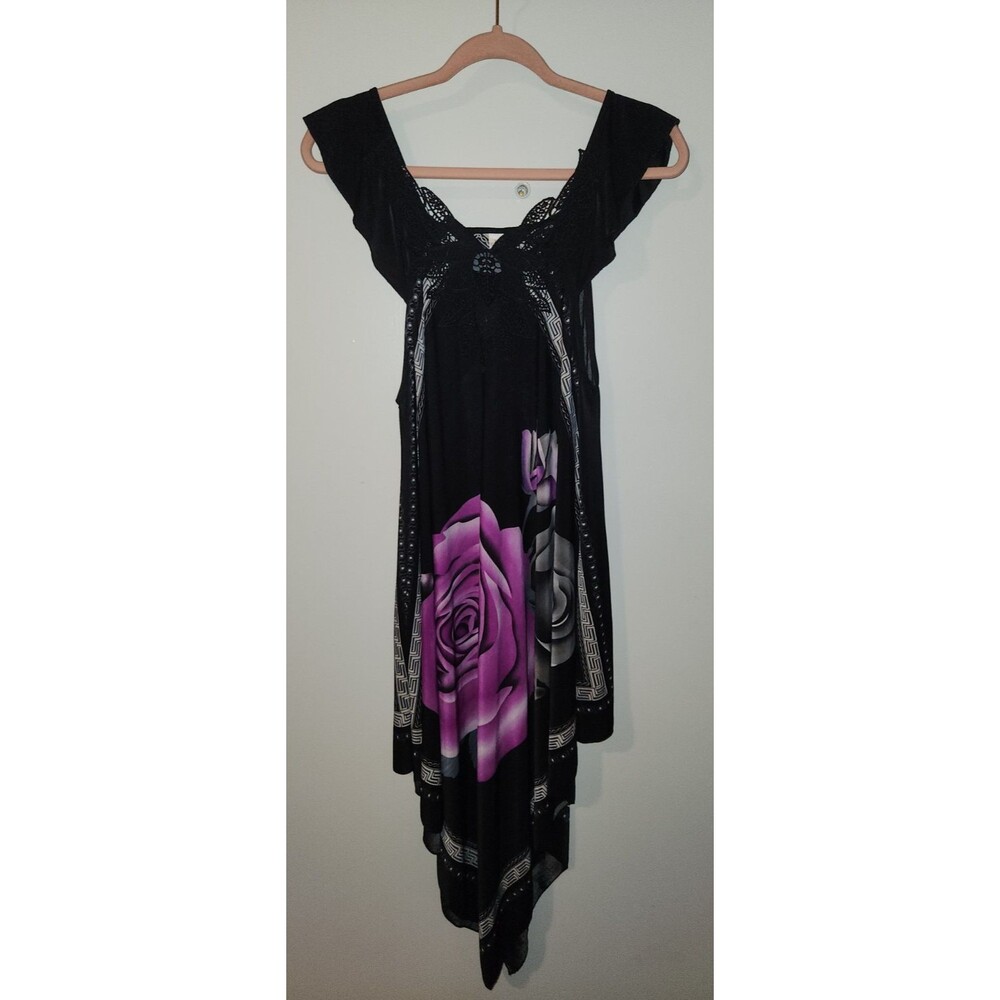 Womens Sz XL Silk Blend Rosette Asymmetrical Layering Top Stretch Black Purple
